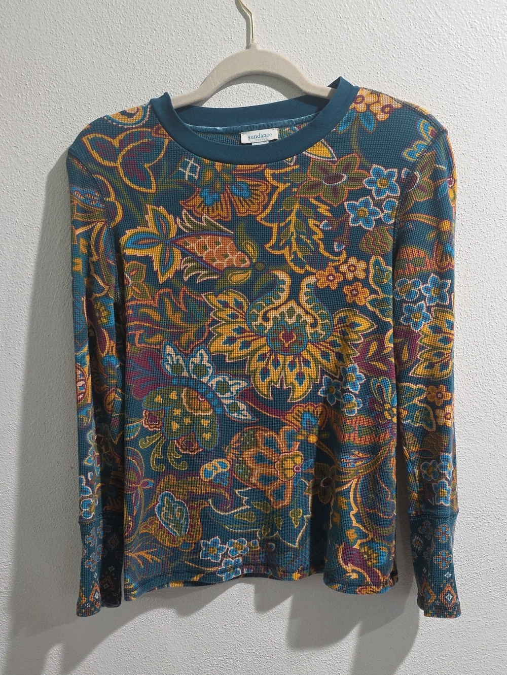 Sundance Floral Long Sleeve Thermal With With Velvet Trim Button Cuffs